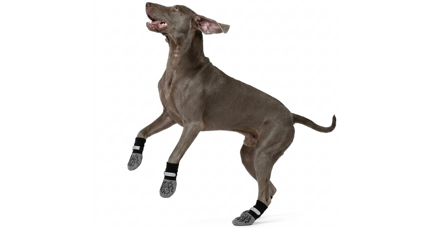 Dog wearing anti-slip dog socks indoors