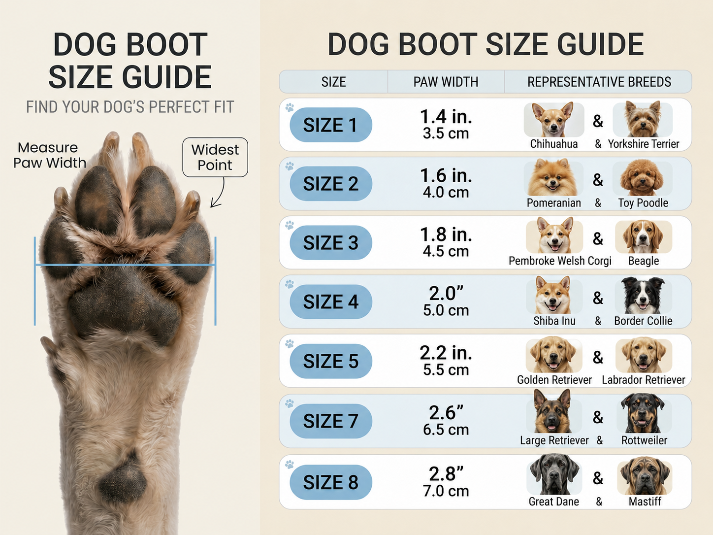 Jade & Paw dog boots size guide