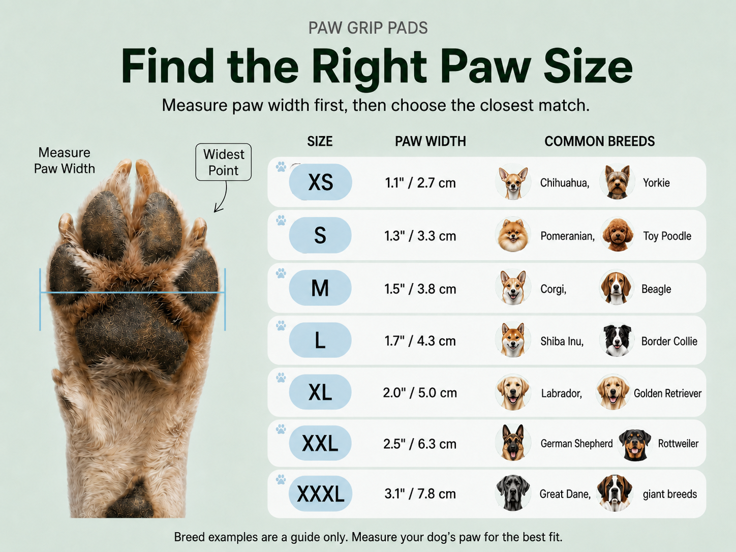 Jade & Paw Dog Paw Grip Pads size guide