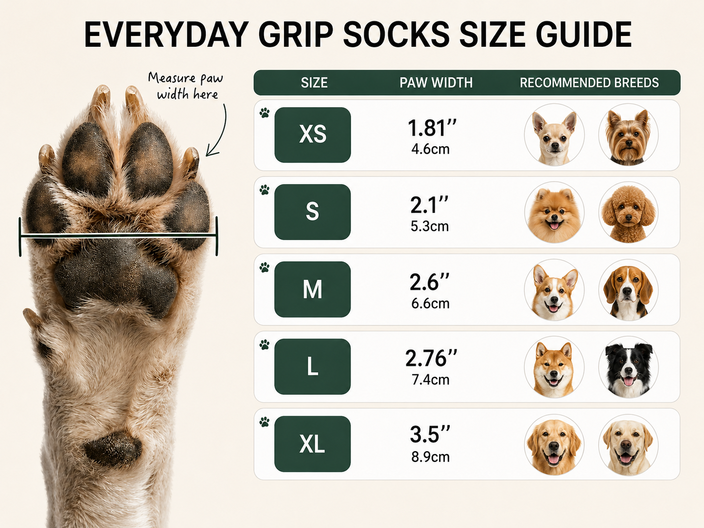 Jade Paw Grip Socks size guide