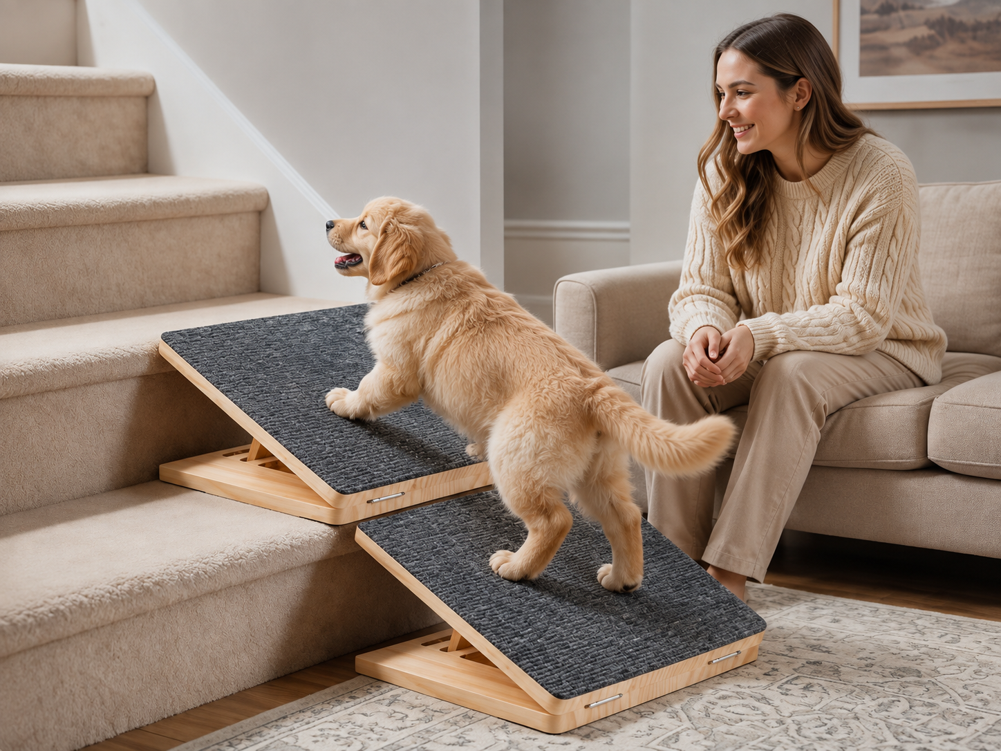 A more gradual incline helps puppies and senior dogs move between steps with less effort and greater confidence.