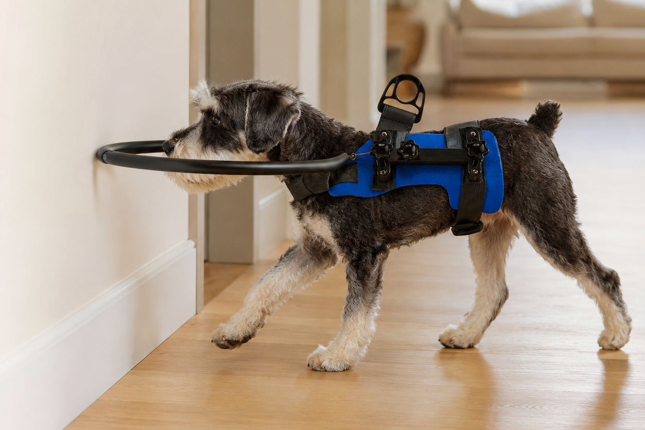 A gentle protective buffer that helps your dog notice nearby walls, furniture, and everyday obstacles before getting too close.