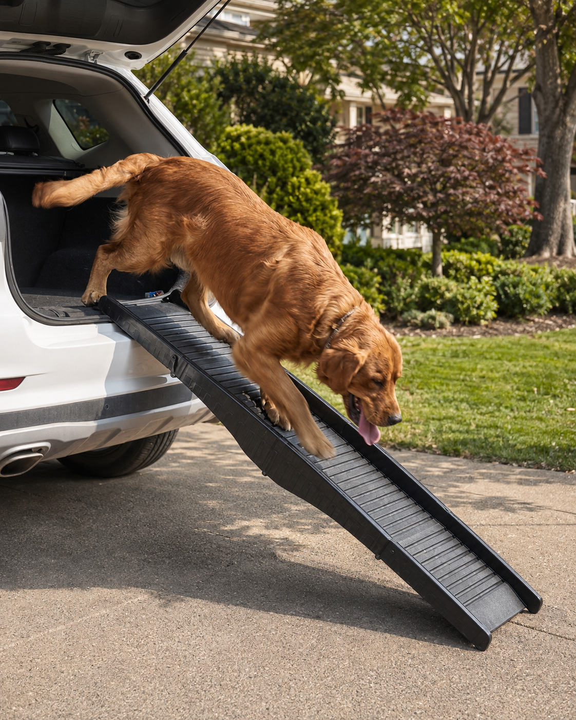 Dog walking down a ramp from a vehicle