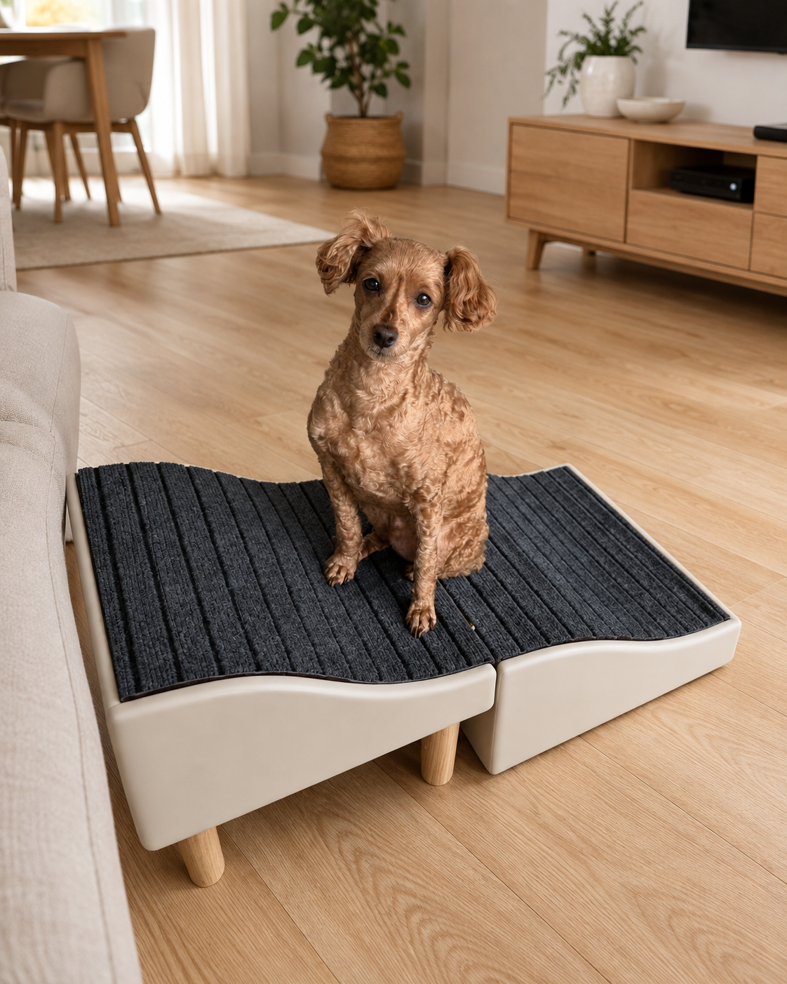 Dog wearing paw support while moving through a living room