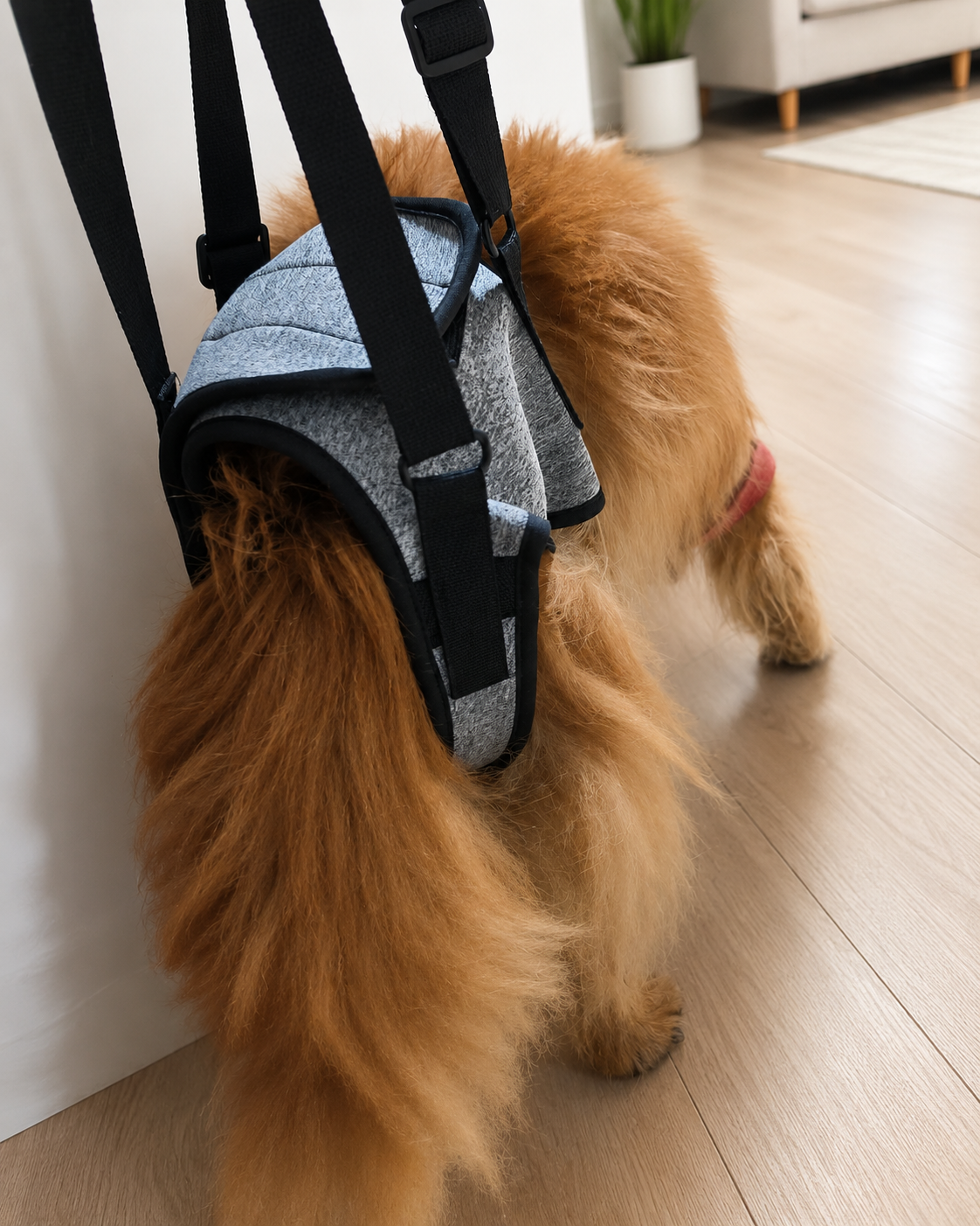 Adjustable support designed to fit naturally across different coats and body shapes.