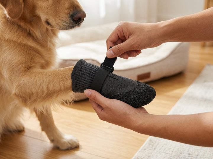 Outdoor Grip Socks secured on a dog’s paws