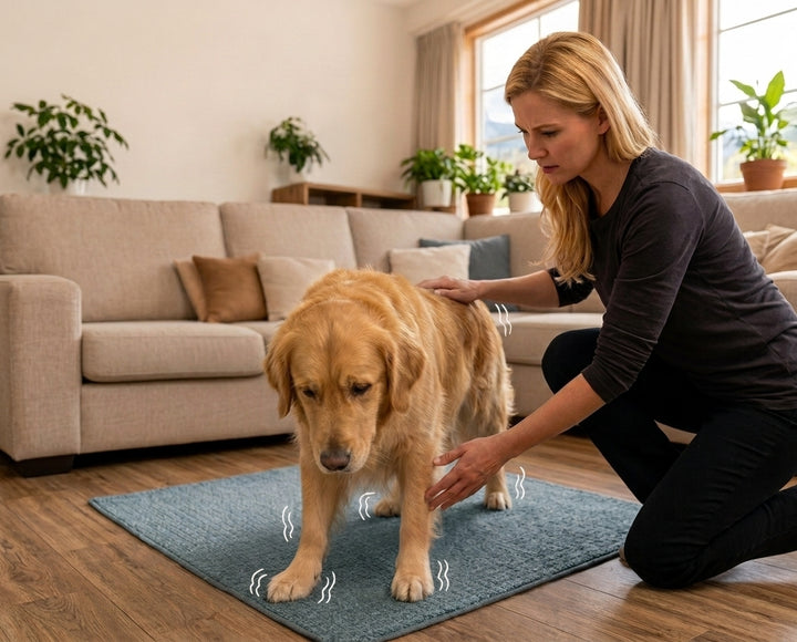 Dog moving carefully on a smooth indoor floor