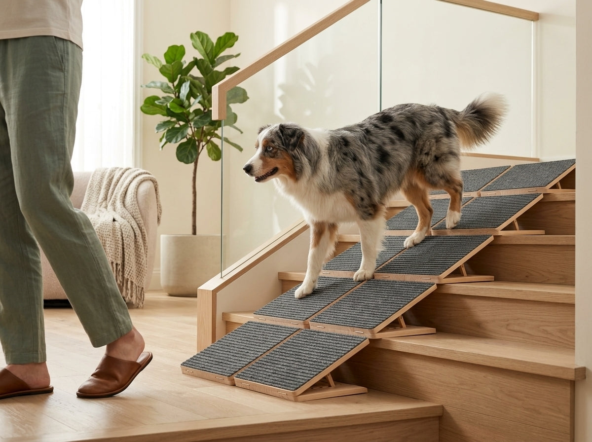 Before and after comparison of traditional stairs and Jade Paw StairEase support
