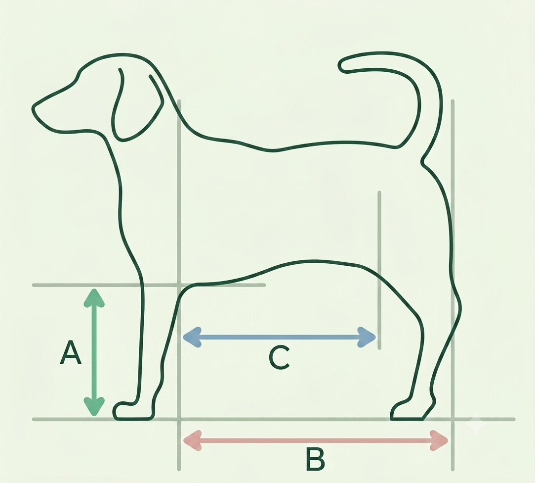 Dog body measurement guide showing A, B, and C